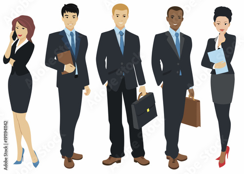 Diverse group of business professionals standing in a row looking forward