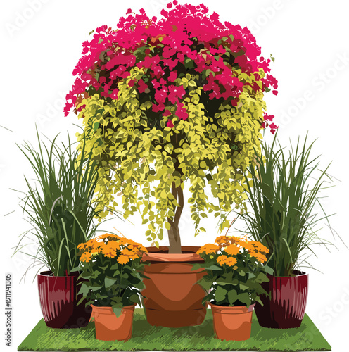 Vibrant potted garden arrangement featuring magenta bougainvillea tree, golden creeping jenny, orange marigold flowers, and tall green ornamental grasses for outdoor patio landscaping,