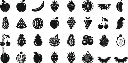 Assorted tropical and garden fruit vector silhouette icons set including apple, banana, strawberry, pineapple, watermelon, grapes, cherry, and citrus,