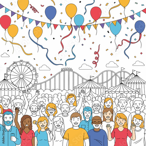 A vibrant and festive carnival scene with a large crowd enjoying the rides and celebration under balloons and confetti.