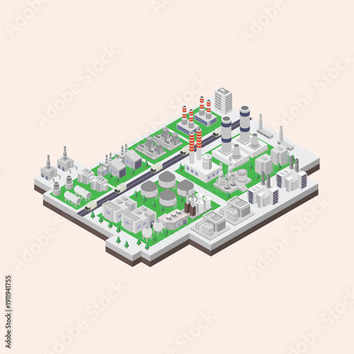 Detailed Isometric Industrial Park Illustration Featuring Modern Manufacturing Facilities, Energy Production Plants, Storage Tanks, and Advanced Infrastructure Layout for Economic Progress