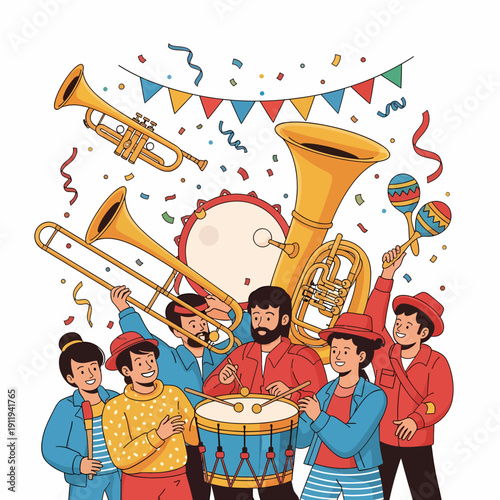 A lively group of musicians playing various brass instruments and percussion at a festive celebration with confetti and banners.