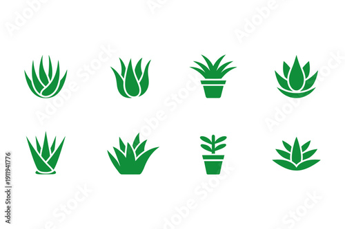 A set of green aloe vera plant icons in various shapes and styles on a white background