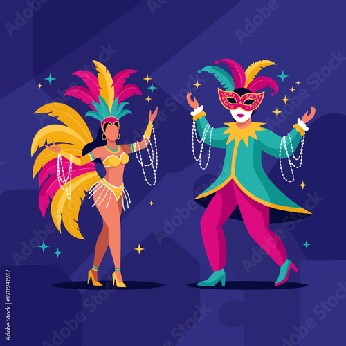 Two people in colorful, festive carnival costumes dancing and celebrating.