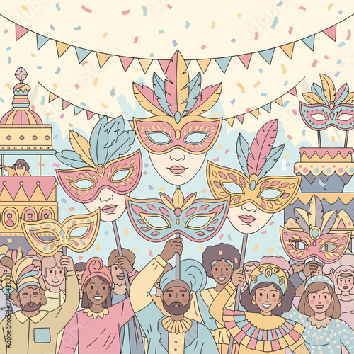 A vibrant illustration of a diverse crowd celebrating a carnival or masquerade festival, holding up colorful masks and surrounded by festive decorations and confetti.