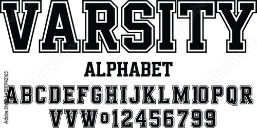 Classic Varsity Style Vector Font Set Featuring Bold Black Collegiate Alphabet and Numbers with White Outlines for Sports Team Branding and Jersey Design