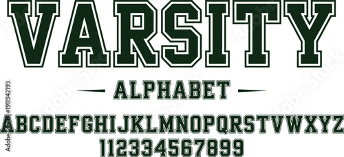 Dark Green Varsity Alphabet and Number Vector Set Featuring Bold Collegiate Slab Serif Font with White Outlines for University Team Branding and Sports Apparel