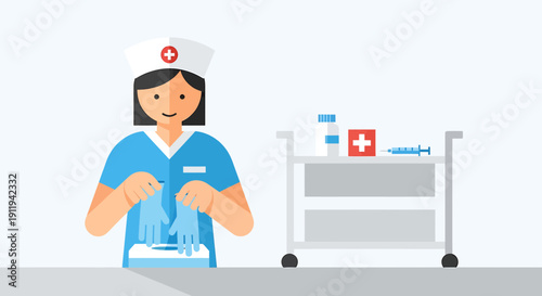 Nurse Preparing Medical Supplies on Cart for Patient Care