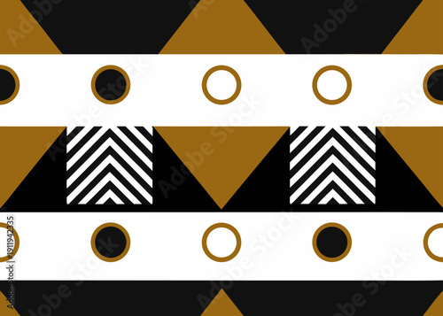 Seamless geometric ethnic pattern with triangles circles and stripes in black gold and white.