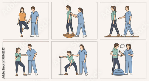 Physical therapy session: patient performing exercises with doctor's guidance