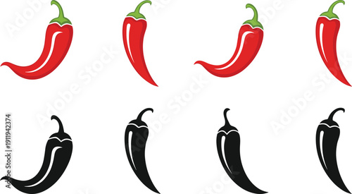 Red chili pepper vector set with spicy hot cayenne pods in color and black silhouette icons for Mexican food design,