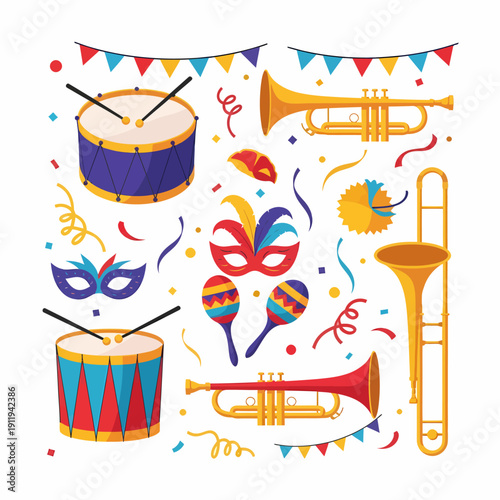 A vibrant collection of carnival and party elements including musical instruments and festive masks.