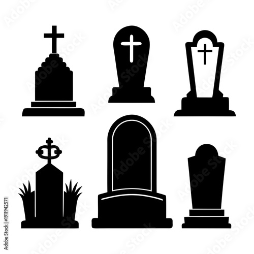 set of black silhouettes of tombstone vector 