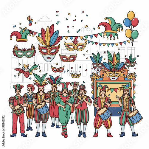 A vibrant illustration of a carnival parade with people in traditional costumes, masks, jester hats, confetti, and balloons, celebrating a festive event.