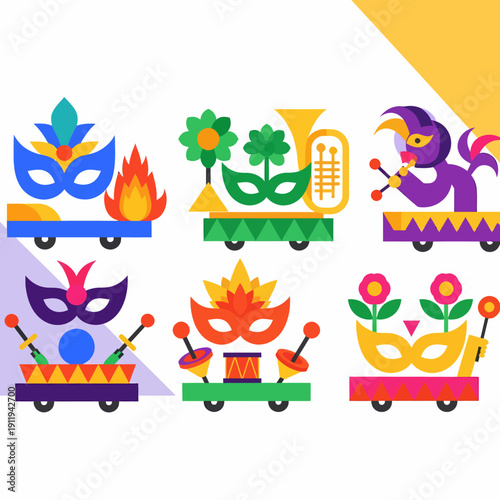 Six colorful flat design Mardi Gras parade floats with masks, musical instruments, and festive decorations.