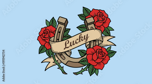 Traditional Tattoo Style Lucky Horseshoe with Red Roses and Banner. Vintage Old School Flash Art Illustration on Blue.