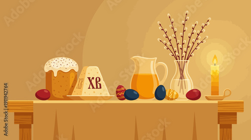 Traditional Orthodox Easter Table Setting with Kulich, Paskha, Dyed Eggs, Pussy Willow Branches, and Burning Candle. Vector Illustration.
