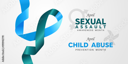 April Is Sexual Assault Awareness Month and Child Abuse Prevention Month. Ribbon blue and green. Great for cards, banners, posters, social media and more. White background.