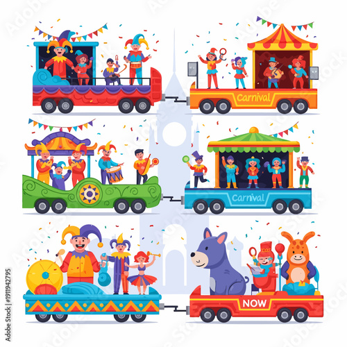 A vibrant illustration of six carnival parade floats, each designed as a train car, featuring jesters, musicians, and festive characters with confetti falling.