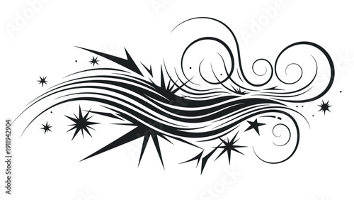 Elegant black decorative scrollwork element featuring graceful swirls and star shapes for use in borders, invitations, or artistic designs.