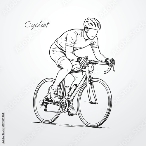 Cyclist vector illustration line art outline male athlete riding action bicycle bike sport fitness racing training competition graphic design minimalist modern scalable road cycling mountain bike