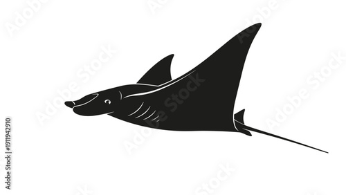 Solid black silhouette of a majestic manta ray swimming gracefully, showcasing its wide pectoral fins and long tail against a white space.