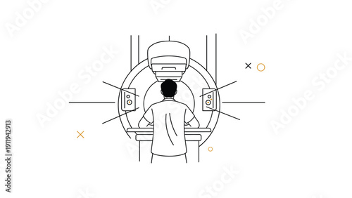 Minimalist line drawing of a patient undergoing a medical scan inside an MRI or CT machine, showing a back view of the procedure.