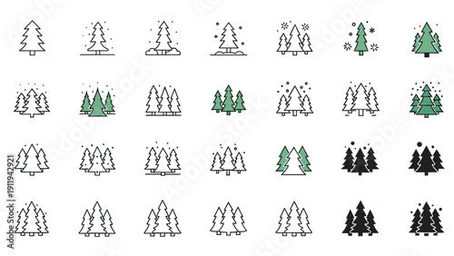 Collection of diverse pine tree icons in various styles including line art, solid black, and green colors for winter or forest designs.