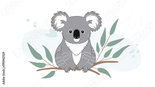 Adorable illustrated koala bear sitting peacefully on a tree branch surrounded by green eucalyptus leaves in a soft, friendly style.