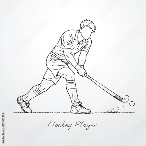Hockey player vector illustration line art outline male athlete action pose stick ball sport fitness field hockey tournament graphic design minimalist modern scalable game competition athletic