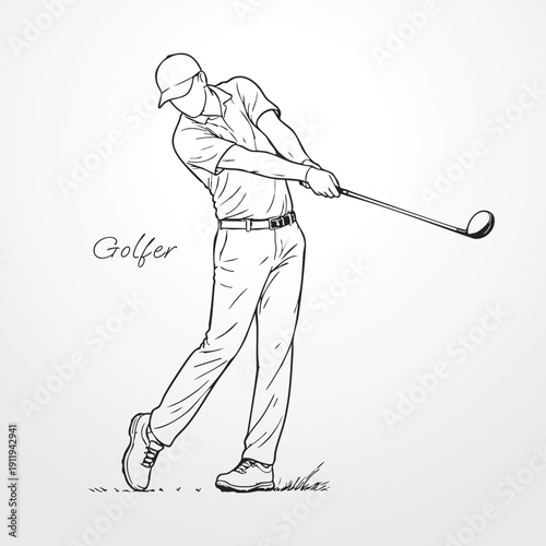 Golf player vector illustration line art outline male athlete swing action club ball sport fitness recreation tournament championship graphic design minimalist modern scalable course game