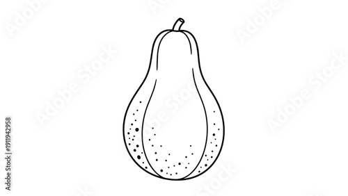 Simple black and white line art of a whole pear fruit, featuring a minimalist design with a small stem and subtle dotted textures.