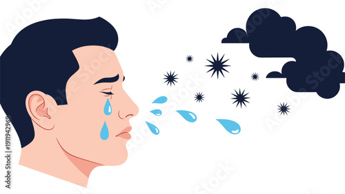 Man suffers from allergies or illness, depicted with tears, sneezing droplets, and virus particles floating near dark clouds.