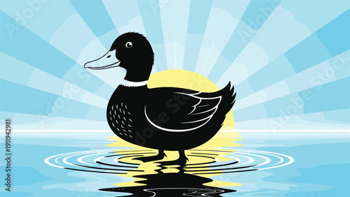 Black duck stands on water ripples against a blue sky with a bright sun behind it, creating a peaceful morning nature scene.