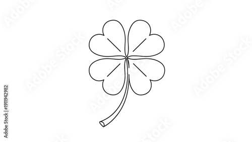 Four-leaf clover is drawn with clean black lines, representing luck, fortune, and Irish culture for holiday decorations or logos.