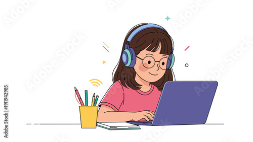 Young girl wearing glasses and headphones works diligently on her laptop, illustrating remote learning, study, or digital creativity.