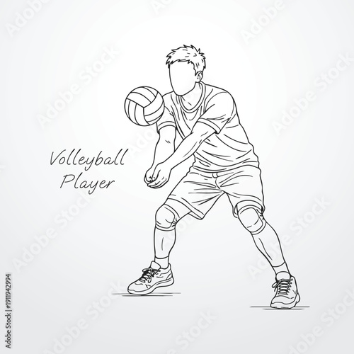 Volleyball player vector illustration line art outline male athlete jumping spiking action ball sport fitness beach indoor tournament graphic design minimalist modern scalable court game