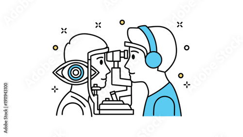 Optometrist conducts an eye examination using a specialized machine on a patient, illustrating vision care and professional medical checkups.