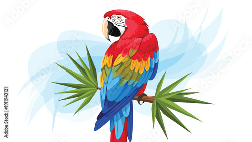 Vibrant scarlet macaw parrot with red, yellow, and blue feathers perches on a branch against a soft blue and white background.