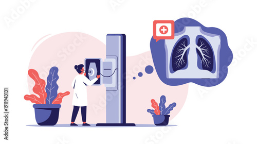 Medical professional examines a chest X-ray of lungs on a digital display, highlighting radiology and respiratory health diagnostics.