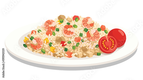 Plate of shrimp fried rice garnished with peas, carrots, and tomato slices is presented as a delicious Asian cuisine illustration.