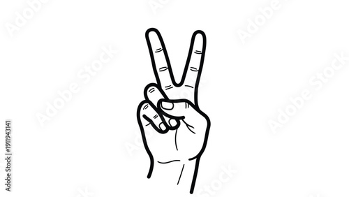 Hand gesture showing the peace or victory sign is depicted in a bold black and white line drawing for symbolic or social concepts.
