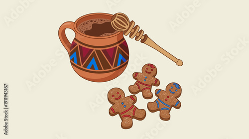 Illustration of Mexican Hot Chocolate (Champurrado) with Molinillo, Clay Mug, and Gingerbread Cookies for Winter Holidays