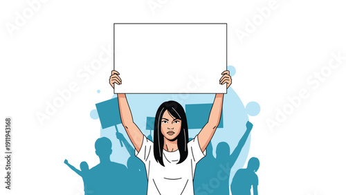 Young woman holds a large blank white sign high above her head while surrounded by a crowd of protestors in a silhouette.