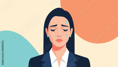 Professional woman looks visibly sad and stressed with sweat drops on her forehead, illustrating workplace pressure or mental health.