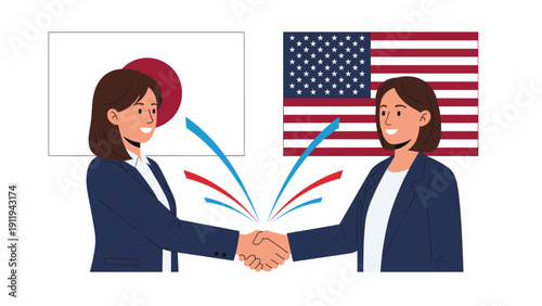 Two businesswomen shake hands in front of the Japan and United States flags, symbolizing international cooperation and trade agreements.