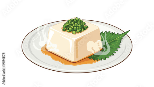 Square block of silken tofu topped with chopped green onions sits on a plate with a shiso leaf, representing healthy Japanese food.