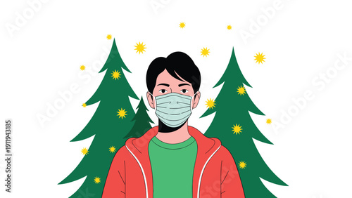 Man wearing a surgical mask stands in front of pine trees and floating pollen icons, representing seasonal allergy awareness or health.