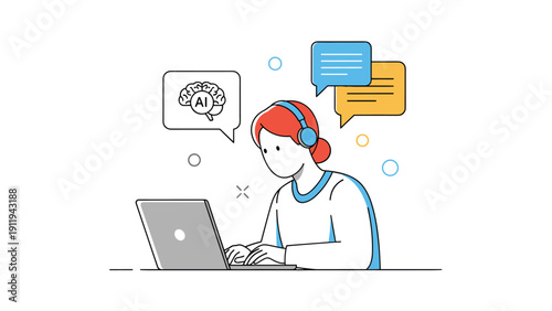 Young woman wearing headphones working on laptop while artificial intelligence brain icon and chat bubbles float around her.