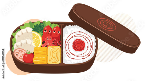 Traditional Japanese bento lunch box containing white rice, pickled plum, rolled omelet, sausage octopuses, and vegetables.